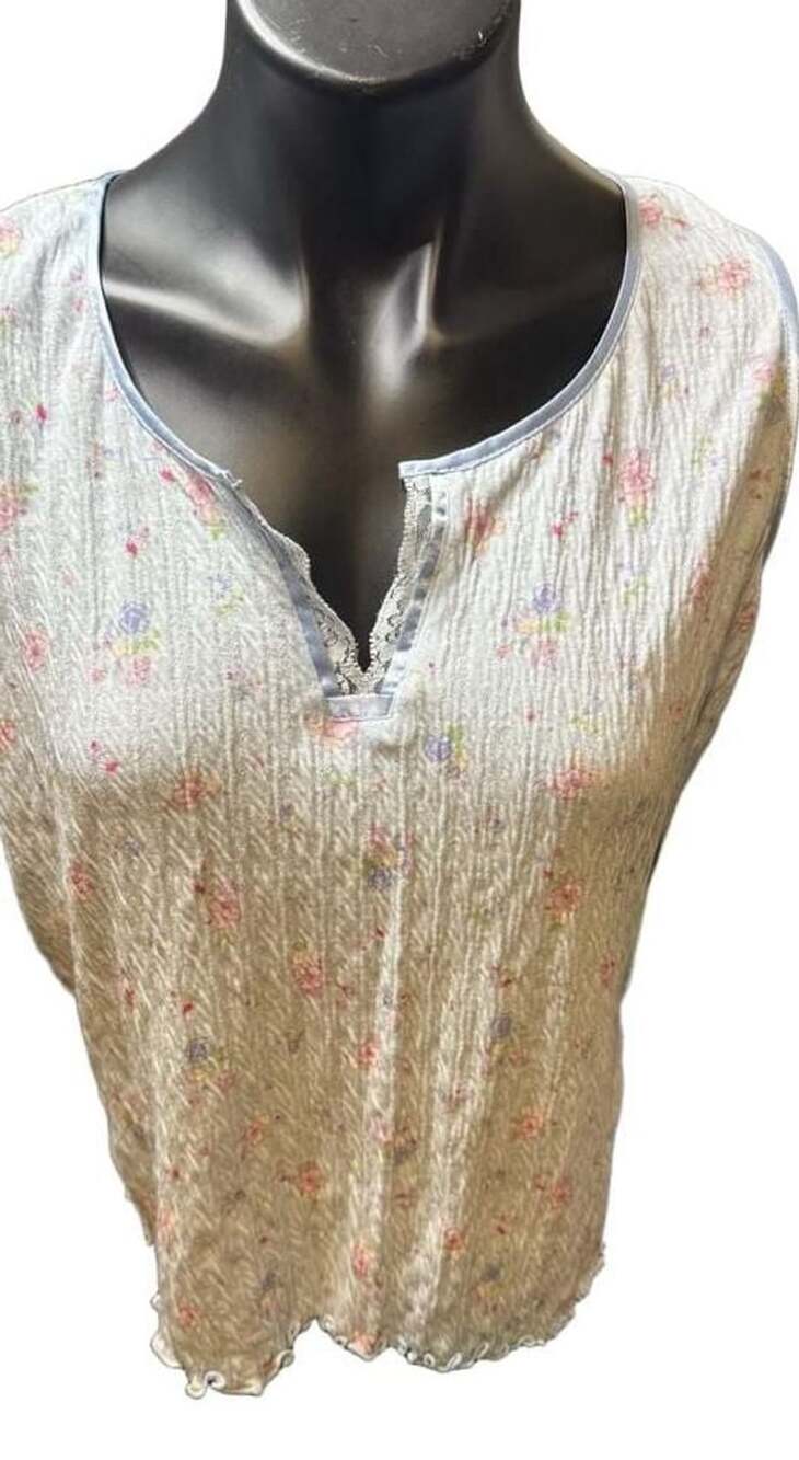 Miss Elaine Floral Print Sleeveless Nightgown Blue Seersucker